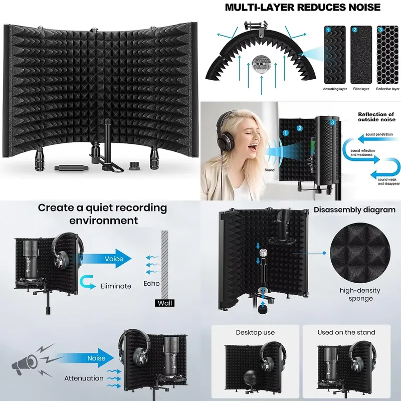 Vocal Booth Isolation Shield - Складной студийный микрофонный экран с 5